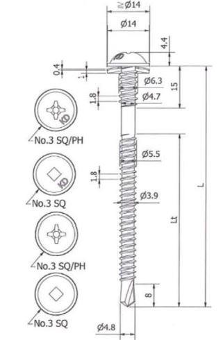Sandwichpaneelschroef RVS Bi-metaal 6,3/5,5x79mm met Square drive #3