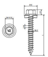 Façade schroef 6,5x50 mm - Type A, staal verzinkt met 16 mm afdichtingsring