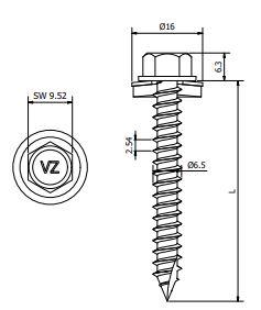 Façade schroef 6,5x115 mm - Type A, staal verzinkt met 16 mm afdichtingsring