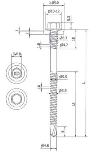Sandwichpaneelschroef 6,3/5,5x215 mm - RVS A2 bimetaal met 16 mm afdichtingsring - boorpunt #3