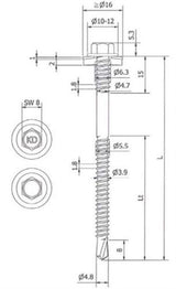 Sandwichpaneelschroef 6,3/5,5x55 mm - RVS A2 bimetaal met 19 mm afdichtingsring - boorpunt #3