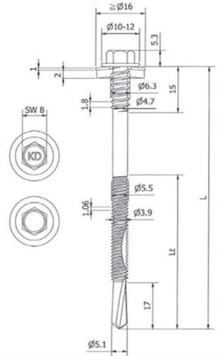 Sandwichpaneelschroef 6,3/5,5x155 mm - RVS A2 bimetaal met 19 mm afdichtingsring - boorpunt #5