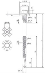 Sandwichpaneelschroef 6,3/5,5x230 mm - RVS A2 bimetaal met 19 mm afdichtingsring - boorpunt #5