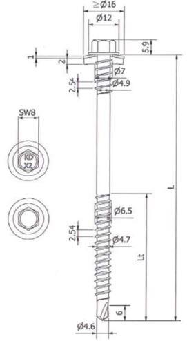 Sandwichpaneelschroef 7,0/6,5x145 mm - roestvaststaal A2 met 19 mm afdichtingsring - RAL7021 - boorpunt #2