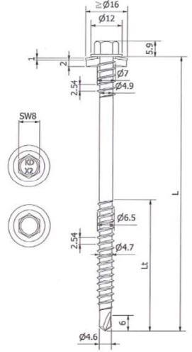 Sandwichpaneelschroef 7,0/6,5x165 mm - roestvaststaal A2 met 19 mm afdichtingsring - RAL7016 - boorpunt #2