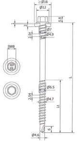Sandwichpaneelschroef 7,0/6,5x165 mm - roestvaststaal A2 met 19 mm afdichtingsring - RAL7016 - boorpunt #2