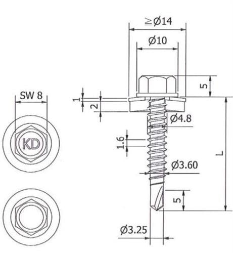 Boorschroef RVS A2 Bimetaal 4.8x28mm, Zeskante Kop, Boorpunt Type 1 met 14mm Ring