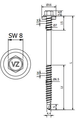 Sandwichpaneelschroef 7,0/6,5x100 mm - staal, Ruspert Silver met 19 mm afdichtingsring - RAL7016