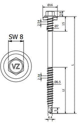 Sandwichpaneelschroef 7,0/6,5x145 mm - staal, Ruspert Silver met 16 mm afdichtingsring