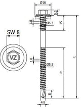 Sandwichpaneelschroef 6,3/5,5x135 mm - staal, Ruspert Silver met 19 mm afdichtingsring