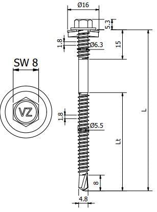 Sandwichpaneelschroef 6,3/5,5x82 mm - staal, Ruspert Silver met 16 mm afdichtingsring - RAL7038