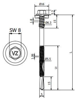 Sandwichpaneelschroef 6,3/5,5x85 mm - staal, Ruspert Silver met 19 mm afdichtingsring - boorpunt #5